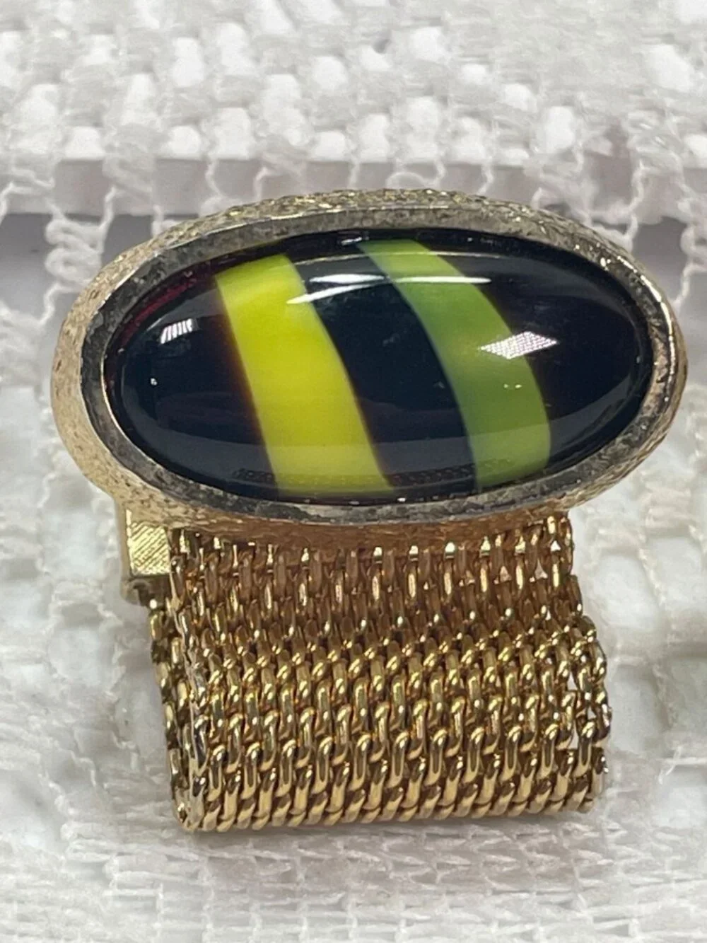 Vintage HICKOK Gold Mesh Wrap Cufflinks Black Green Atomic Glass Cabochon MCM